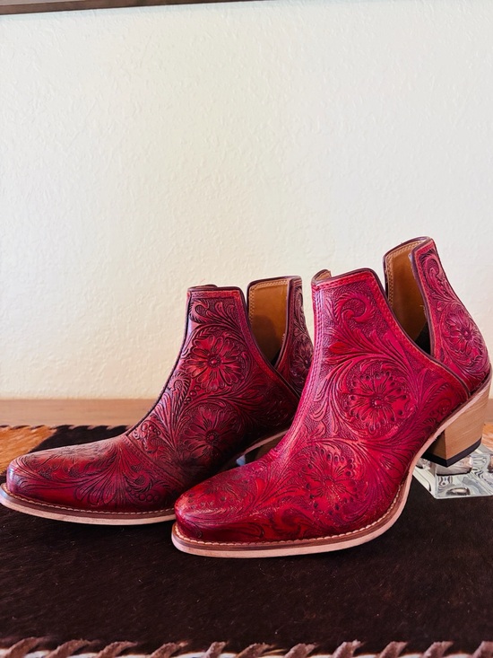 Myra Bag Shoes - Myra Bag Red Tooled Floral Leather Ankle Booties